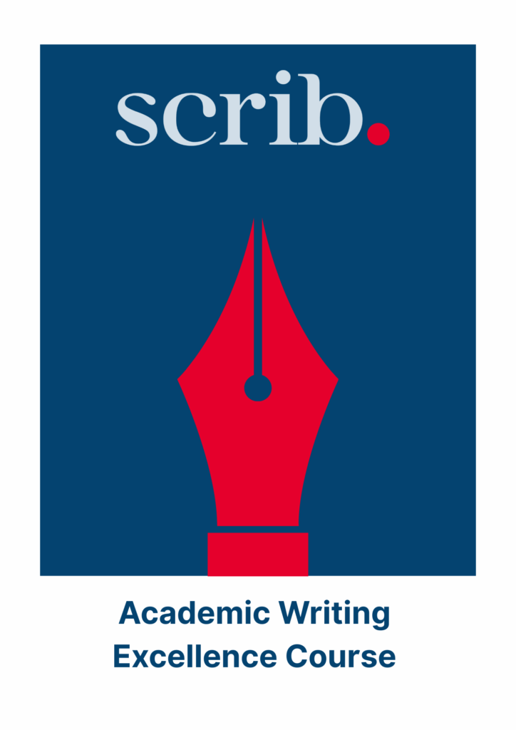 Cover art for the course Academic Writing Excellence. A stylised red fountain pen nib on a blue background.