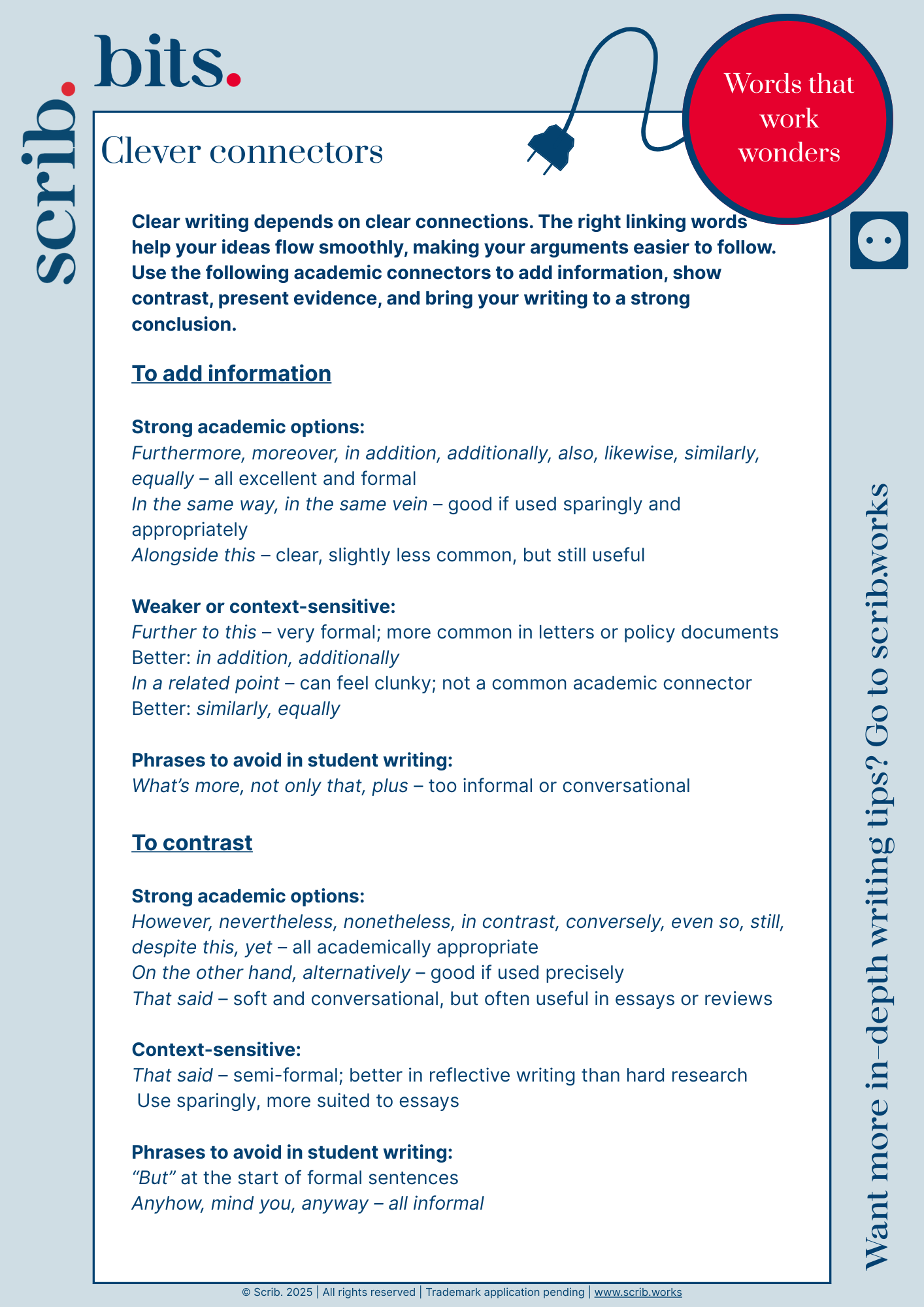 Scrib.bit Clever Connectors guide with examples of strong, weak, and avoidable linking words to improve essay flow.